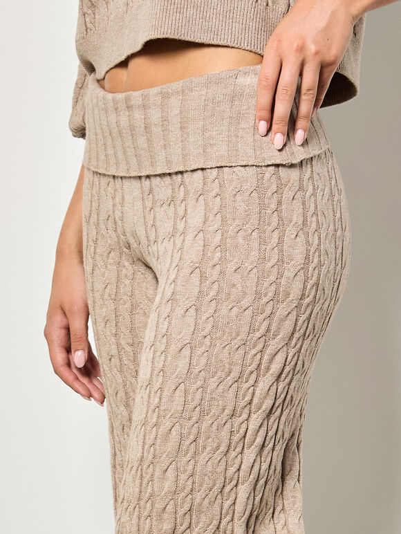 Twisted Cable Knit Wide Leg Trousers, Stone, large