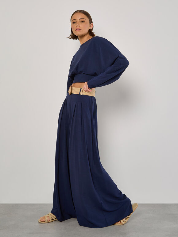 Pleated Palazzo Trousers With Belt, Navy, large