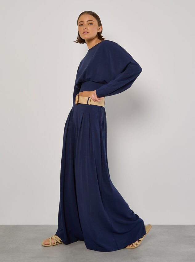 Pleated Palazzo Trousers With Belt, Navy, large
