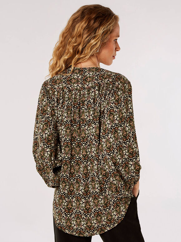 Ikat Tile Print Wrap Top, Khaki, large