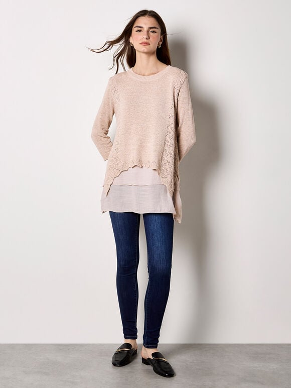 Shimmer Mesh Layered Tunic Top, Stone, large