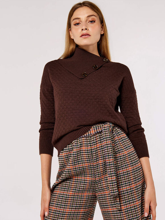 Button Neck Textured Jumper, Brown, large