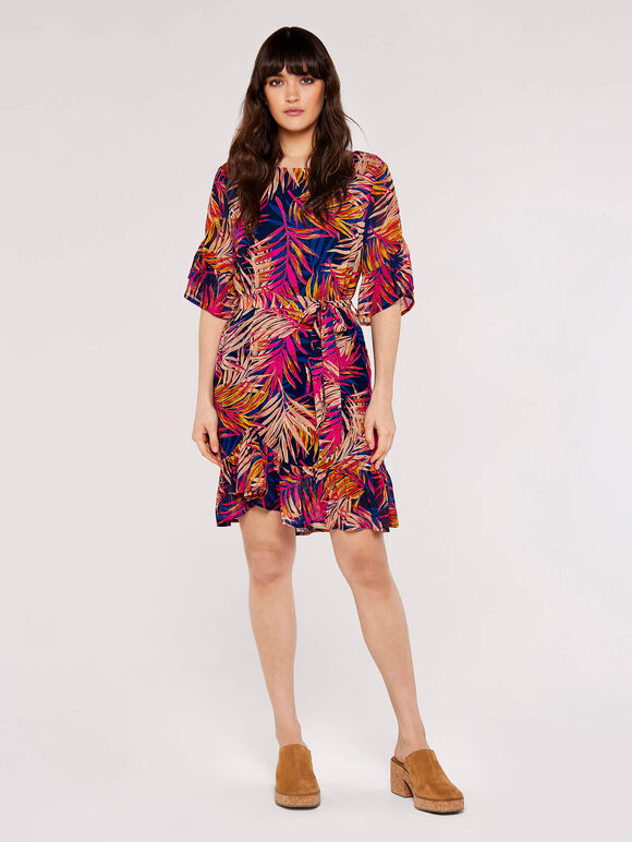 Painterly Tropical Mini Dress, Navy, large