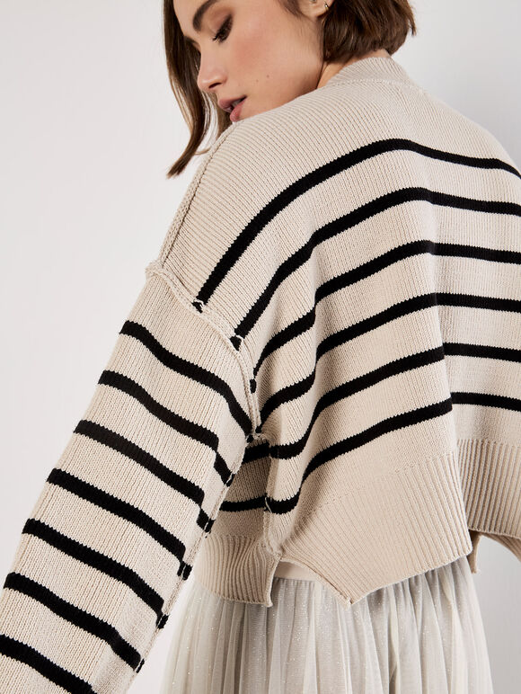 Stripe Crop Drop Shoulder Jumper, Stone, large