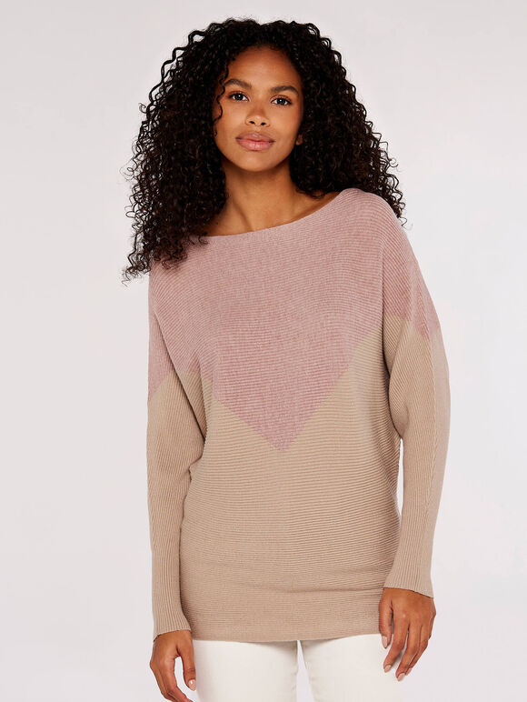 Chevron Ribbed  Batwing Jumper, Pink, large