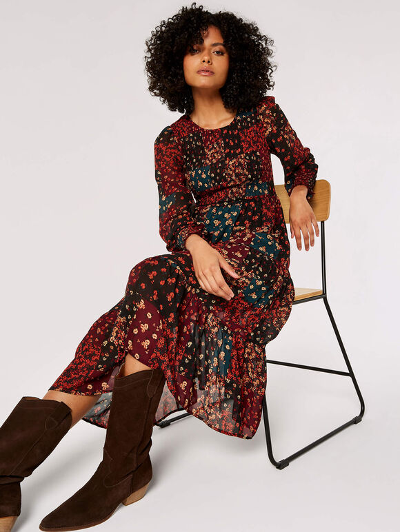 Patchwork Chiffon Midi Dress, Black, large