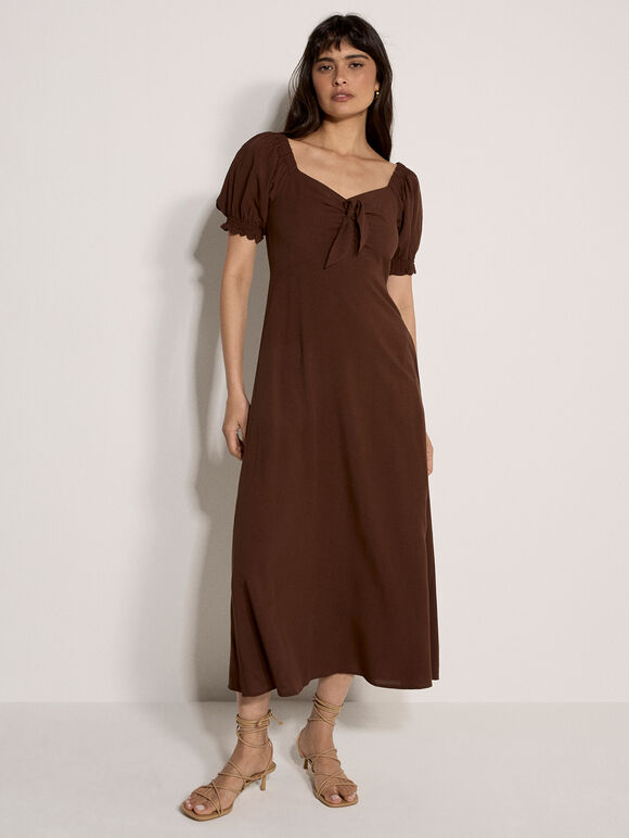 Tie Detail Milkmaid Midaxi Dress, Brown, large