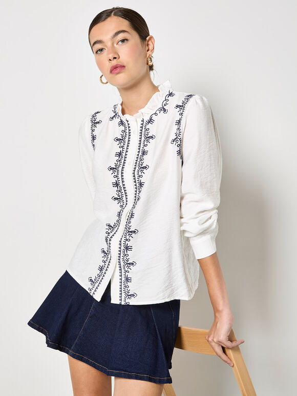 Ruffle Collar Embroidered Blouse, White, large