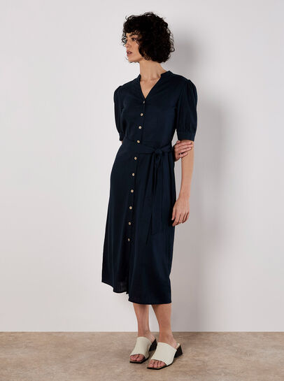 Button Down Linen Blend Midi Dress