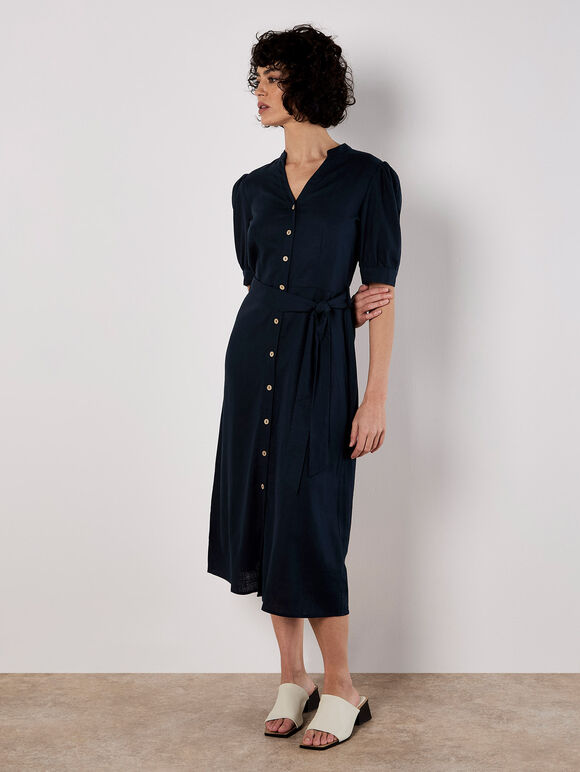 Button Down Linen Blend Midi Dress, Navy, large
