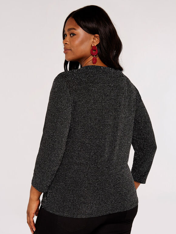 Curve Sparkle Wrap Top, Black, large