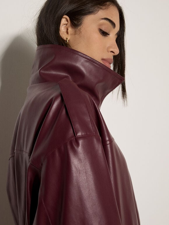 Oversized Faux Leather Jacket, Plum, large