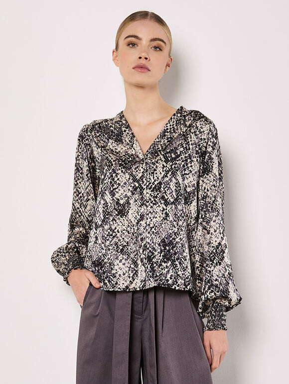 Snakeskin Hammered Satin Blouse, Grey, large