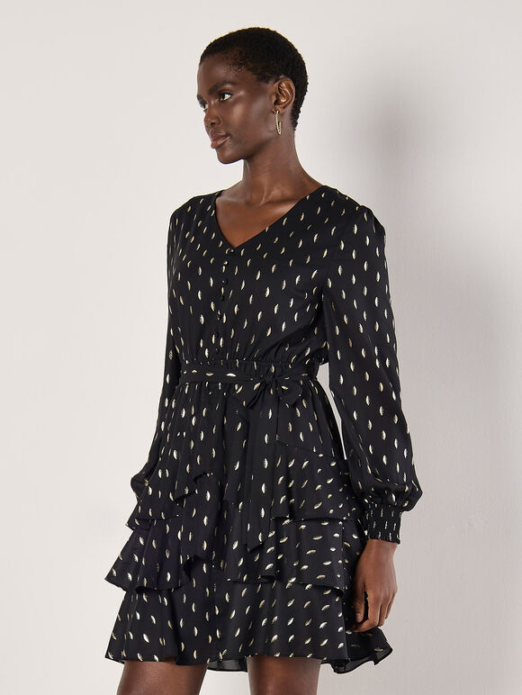 Gold Foil Spot Tiered Mini Dress, Black, large