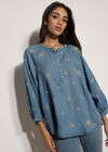 Floral Embroidered Denim Blouse, Blue, large