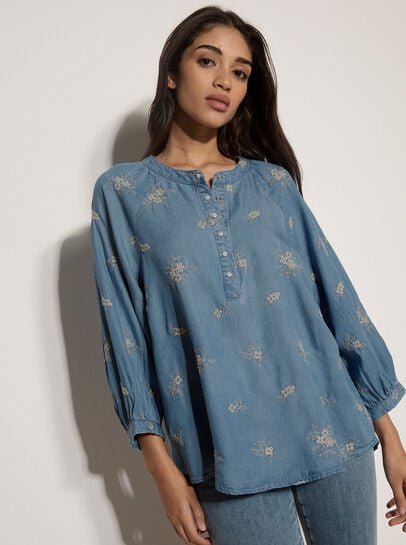 Floral Embroidered Denim Blouse