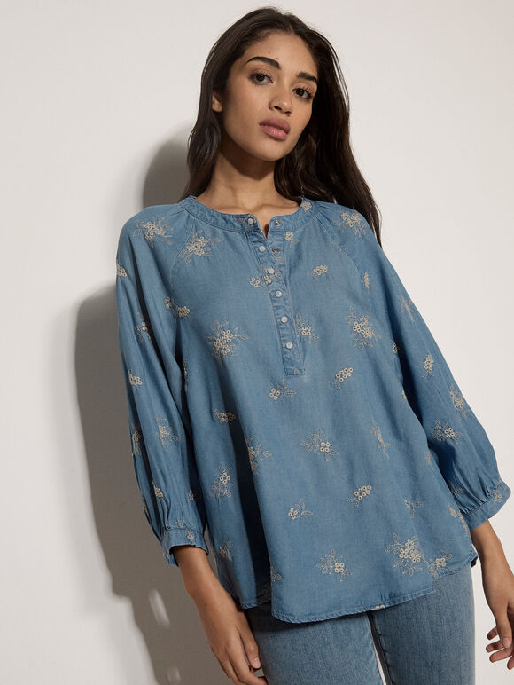 Floral Embroidered Denim Blouse, Blue, large