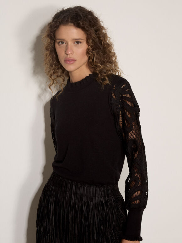 Lace Mesh Jumper, Black, large