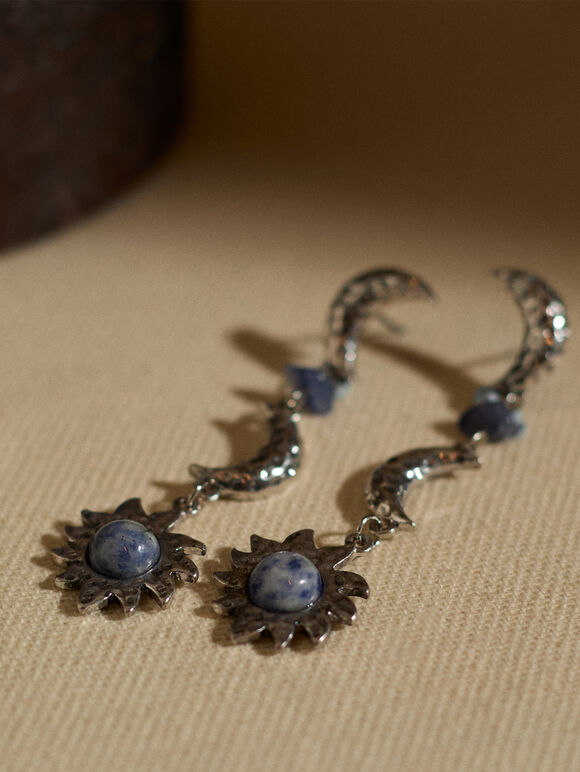 Silver Tone Celestial Stone Drop Earrings, Silver, large
