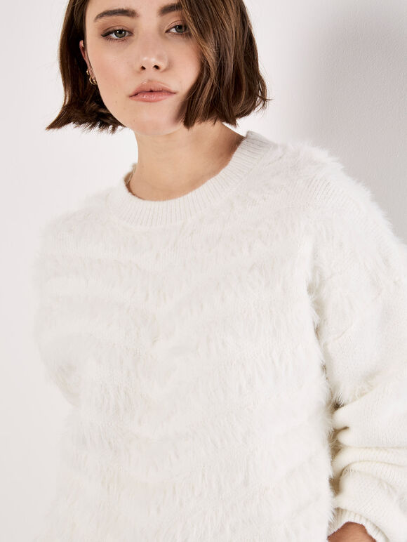Fluffy Stripe Jumper, White, large