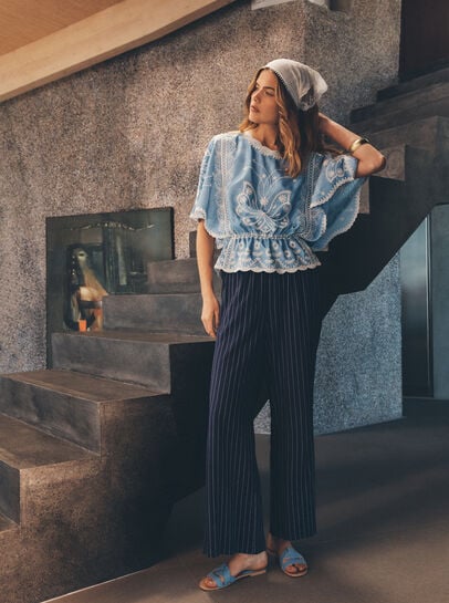 Pinstripe Linen Blend Wide-Leg Trousers