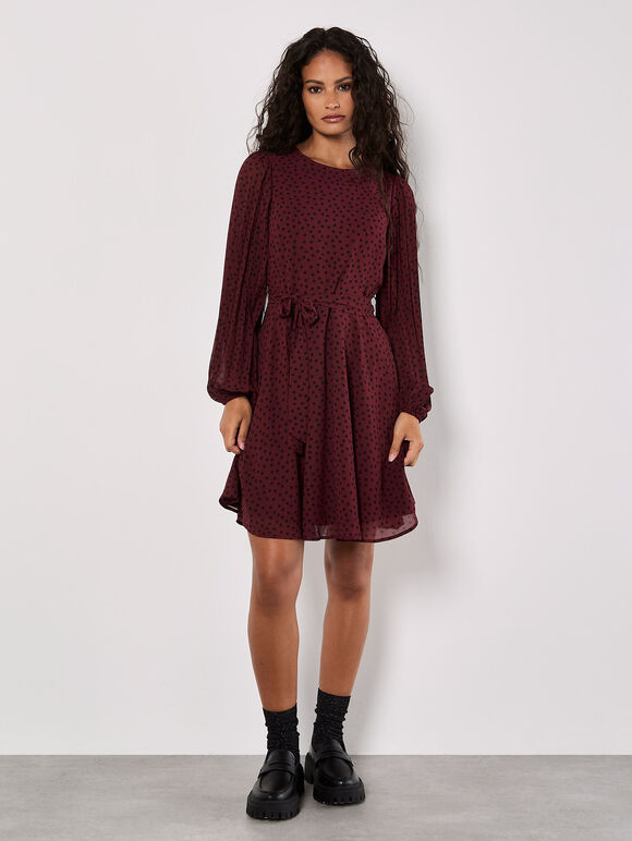 Chiffon Polka Dot Mini Dress, Burgundy, large
