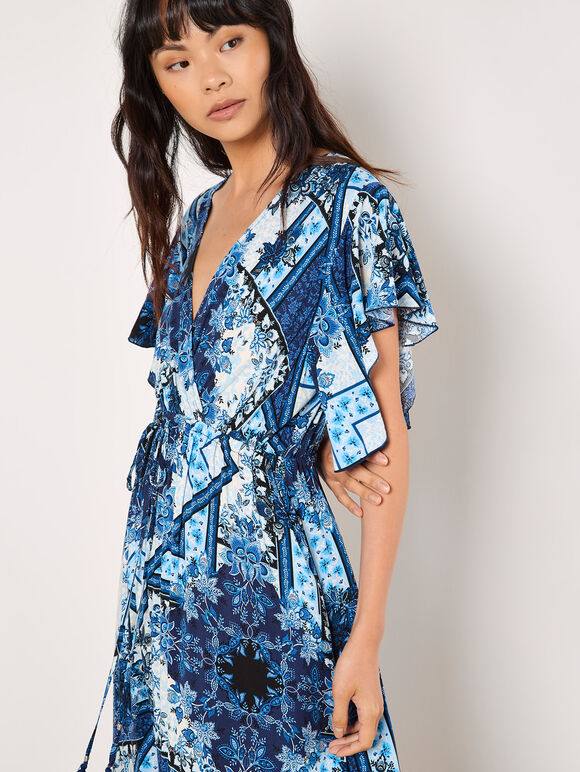 Patchwork Ruffle Tiered Midi Dress, Blue, large