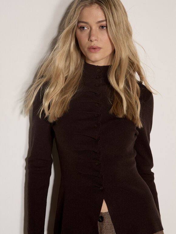 Fine Knit Ruched Cardigan, Brown, large