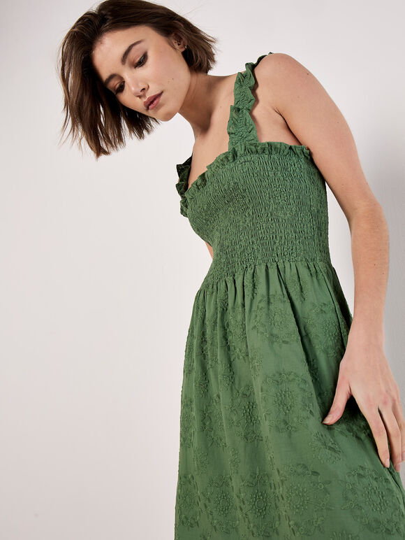 Broderie Anglaise Milkmaid Midi Dress, Green, large