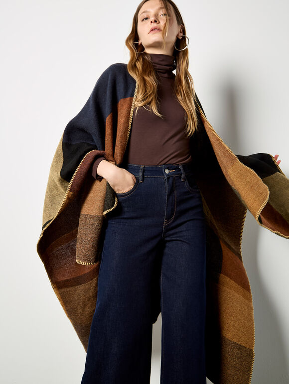Colour Block Blanket Cape, Brown, large