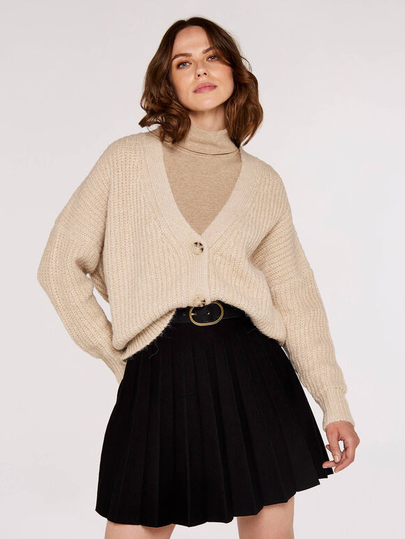 Knit Boyfriend Cardigan, Stone, large