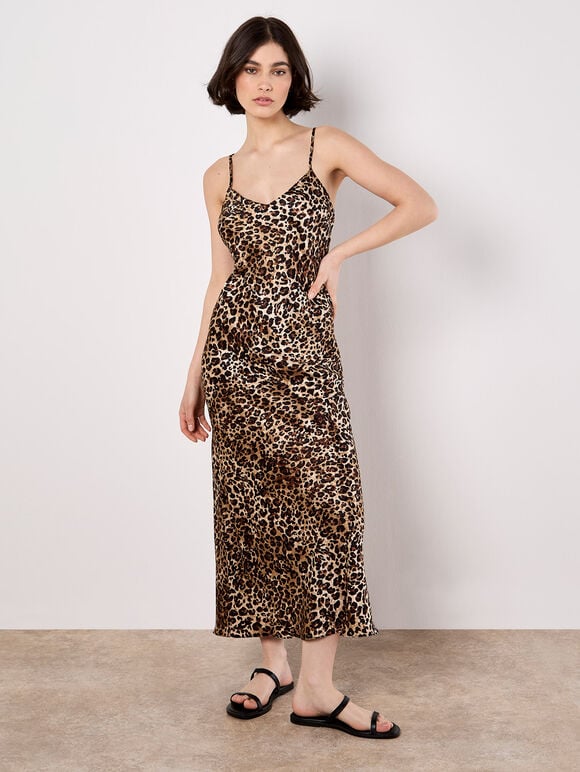 Leopard Print Textured Slip Midi Dress, Stone, large
