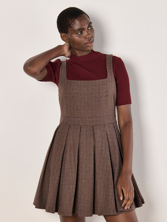 Check Pleated Skater Mini Dress, Burgundy, large