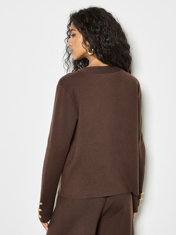 Statement Hammered Buttons Lightweight Cardigan, Brown, large