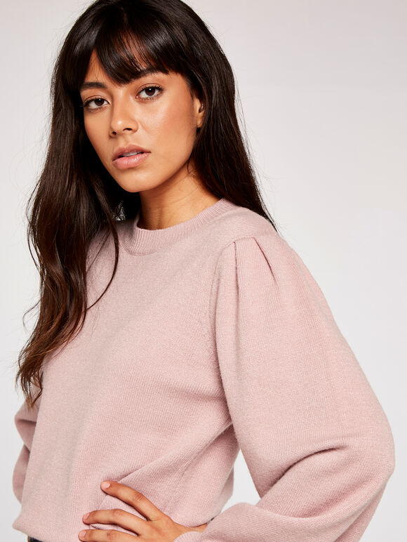 Volume Sleeve Crew Neck Jumper, Pink, large