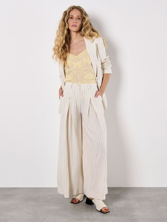 Pinstripe Pleat Palazzo Trousers, Stone, large