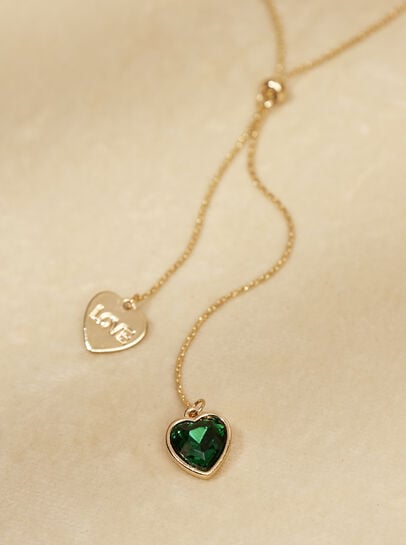 Gold Tone Green Stone Heart Necklace
