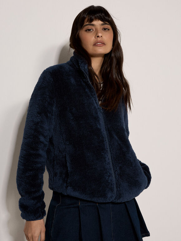 Fleece Cardigan, Navy, large