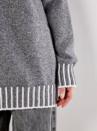 Stripe Trim Mock Neck Oversized Jumper