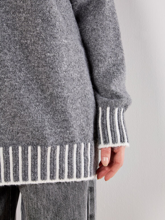 Stripe Trim Mock Neck Oversized Jumper, Dark Grey - Charcoal, large