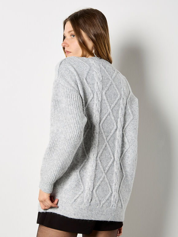 Cable Waffle Knit Oversized Jumper, Grey, large