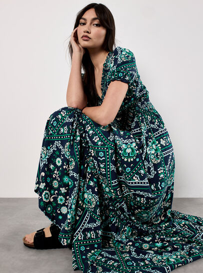 Scarf Print Smocked Maxi Dress