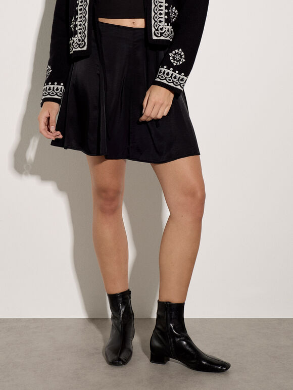 Soft Satin Skater Mini Skirt, Black, large