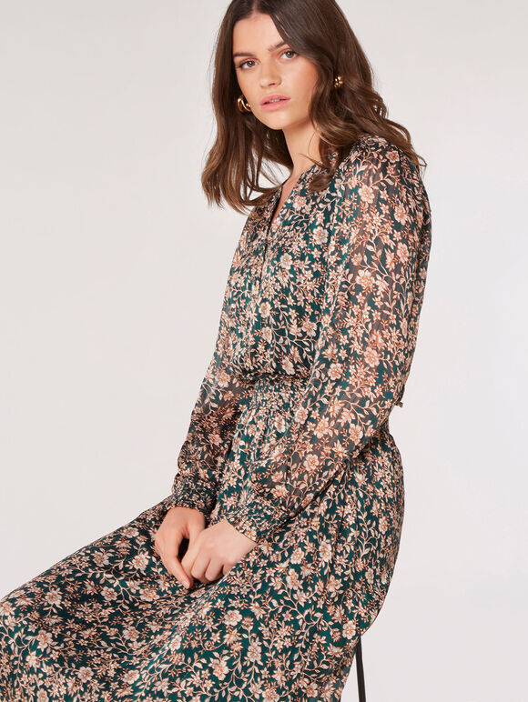 Floral Satin Sparkle Midi Dress, Green, large
