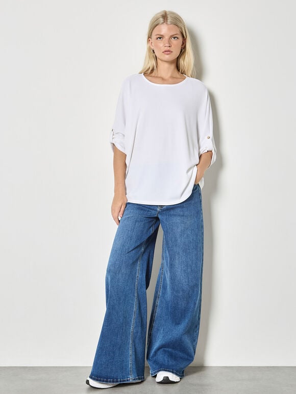 Waffle Knit Button Detail Top, White, large