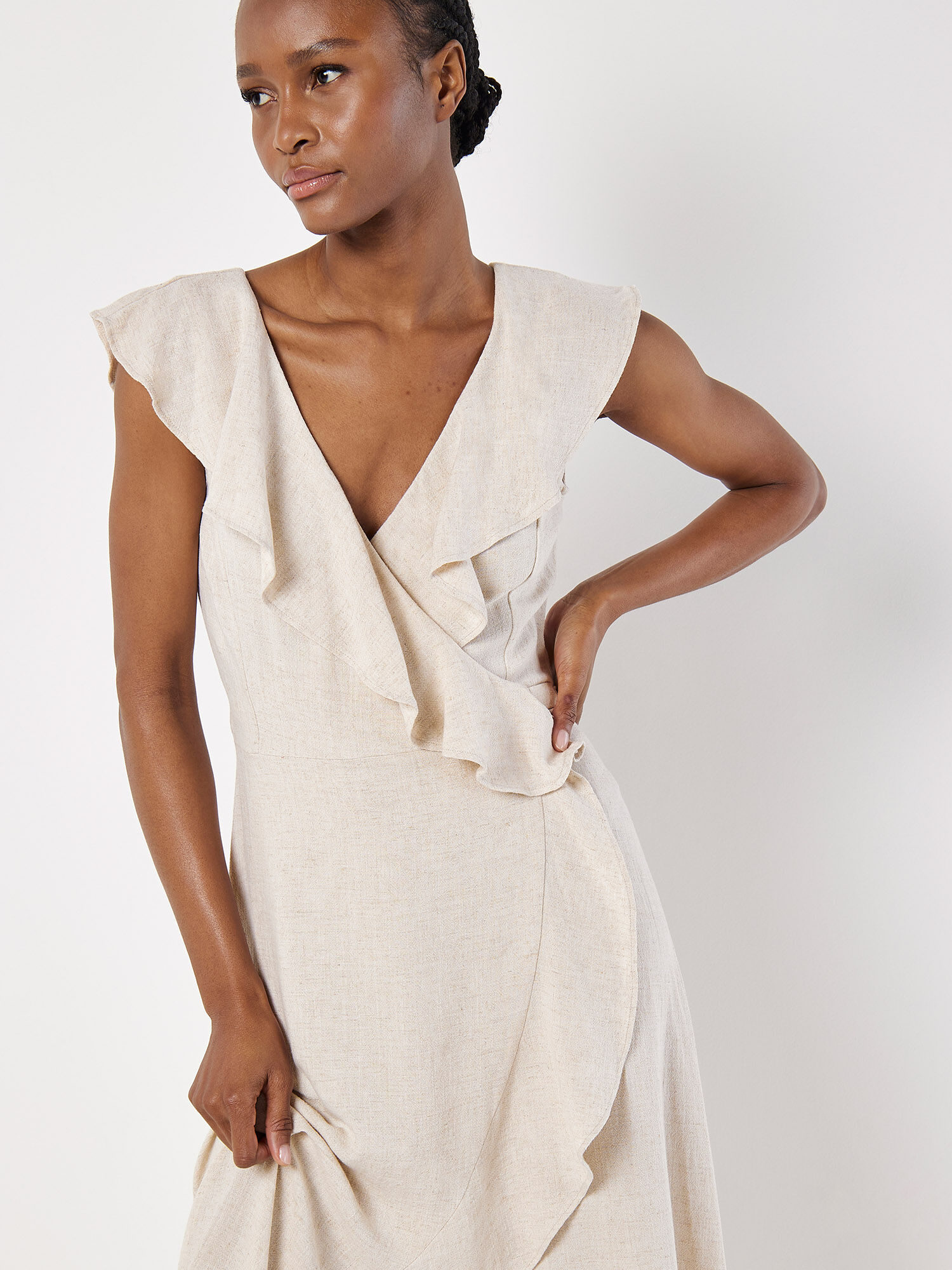 Ruffle Wrap Linen Blend Midi Dress Apricot Clothing