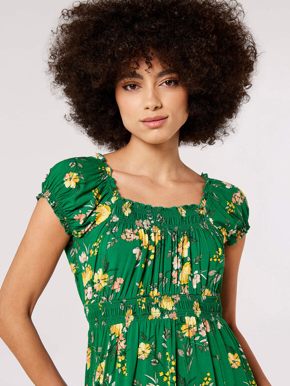 Floral Milkmaid Midi Dress, Green, large