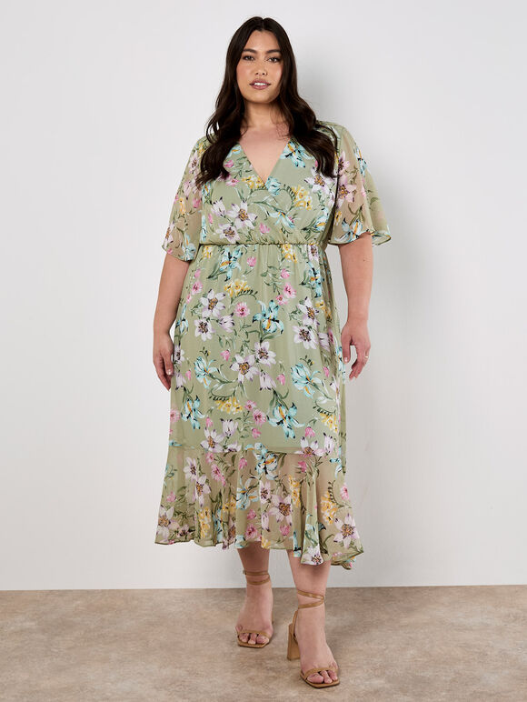Curve Floral Wrap Midi Dress, Mint, large