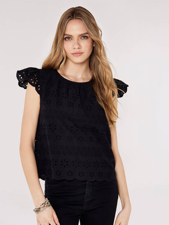 Broderie Anglaise Top, Black, large