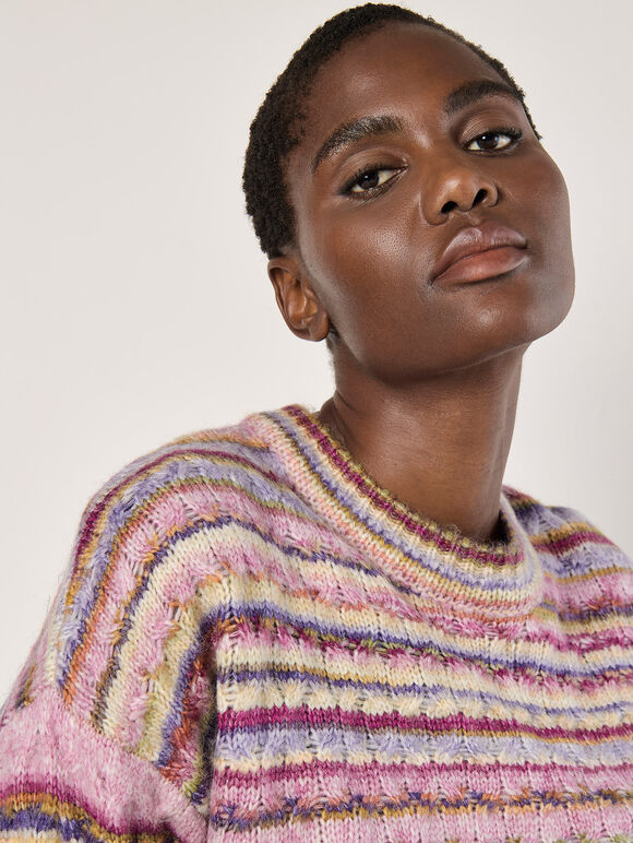 Multicoloured Stripe Aran Jumper, Pink, large